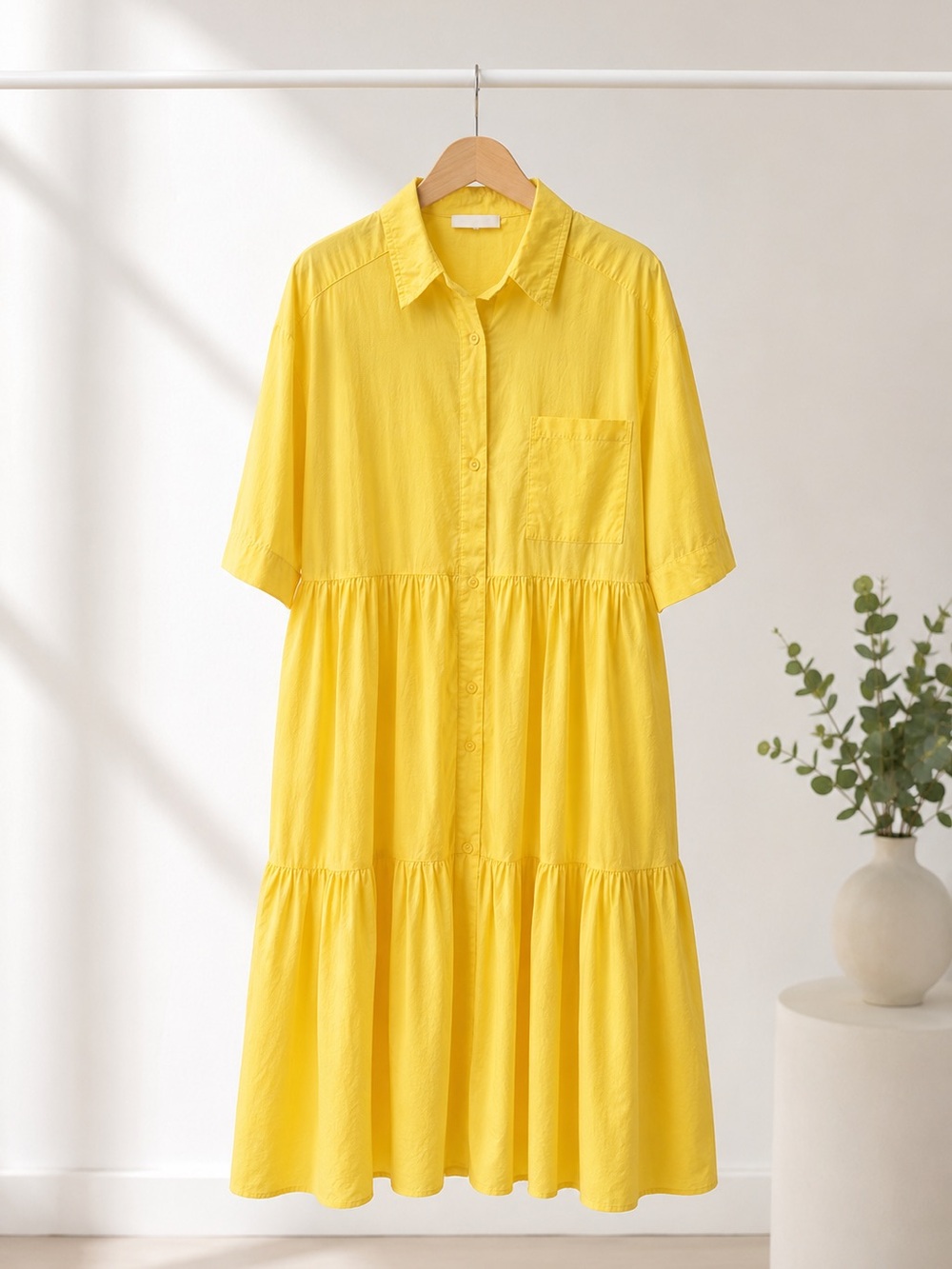 Yellow Tiered Midi Shirt Dress